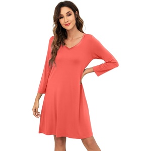 image:imageWiWi Nightgowns for Women Bamboo Viscose Soft Long Sleeve Sleep Shirts Comfy Sleepwear Night Shirts S4XAcoral