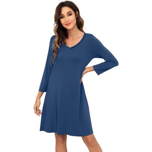 image:imageWiWi Nightgowns for Women Bamboo Viscose Soft Long Sleeve Sleep Shirts Comfy Sleepwear Night Shirts S4XAdark Blue