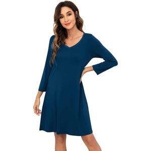 image:imageWiWi Nightgowns for Women Bamboo Viscose Soft Long Sleeve Sleep Shirts Comfy Sleepwear Night Shirts S4XAink Blue