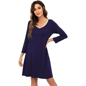image:imageWiWi Nightgowns for Women Bamboo Viscose Soft Long Sleeve Sleep Shirts Comfy Sleepwear Night Shirts S4XAnavy