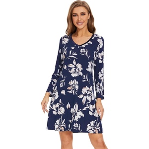 image:imageWiWi Nightgowns for Women Bamboo Viscose Soft Long Sleeve Sleep Shirts Comfy Sleepwear Night Shirts S4XAnavy Floral