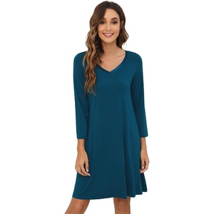 image:imageWiWi Nightgowns for Women Bamboo Viscose Soft Long Sleeve Sleep Shirts Comfy Sleepwear Night Shirts S4XApeacock Blue
