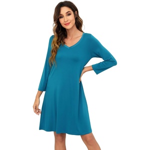 image:imageWiWi Nightgowns for Women Bamboo Viscose Soft Long Sleeve Sleep Shirts Comfy Sleepwear Night Shirts S4XAteal Blue