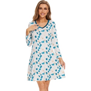 image:imageWiWi Nightgowns for Women Bamboo Viscose Soft Long Sleeve Sleep Shirts Comfy Sleepwear Night Shirts S4XAwhiteTeal Blue Dots
