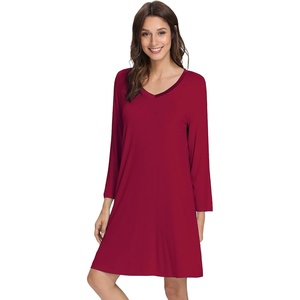 image:imageWiWi Nightgowns for Women Bamboo Viscose Soft Long Sleeve Sleep Shirts Comfy Sleepwear Night Shirts S4XAwine Red