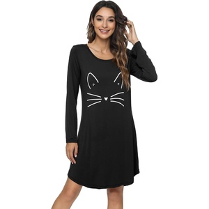 image:imageWiWi Nightgowns for Women Bamboo Viscose Soft Long Sleeve Sleep Shirts Comfy Sleepwear Night Shirts S4XBblackCat