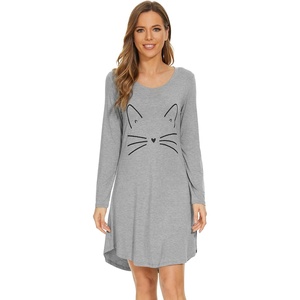 image:imageWiWi Nightgowns for Women Bamboo Viscose Soft Long Sleeve Sleep Shirts Comfy Sleepwear Night Shirts S4XBheather GreyCat