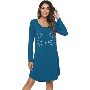 image:imageWiWi Nightgowns for Women Bamboo Viscose Soft Long Sleeve Sleep Shirts Comfy Sleepwear Night Shirts S4XBteal BlueCat