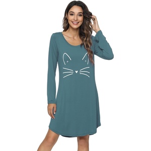 image:imageWiWi Nightgowns for Women Bamboo Viscose Soft Long Sleeve Sleep Shirts Comfy Sleepwear Night Shirts S4XBvintage IndigoCat