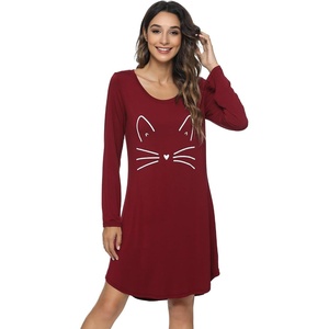 image:imageWiWi Nightgowns for Women Bamboo Viscose Soft Long Sleeve Sleep Shirts Comfy Sleepwear Night Shirts S4XBwineCat