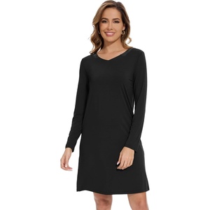 image:imageWiWi Nightgowns for Women Bamboo Viscose Soft Long Sleeve Sleep Shirts Comfy Sleepwear Night Shirts S4XDblack