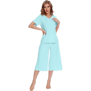 image:imageWiWi Pajamas for Women Cool Short Sleeve Top and Capri Pants Viscose from Bamboo Super Soft 2 Piece Pjs Sleepwear SXXLBaqua