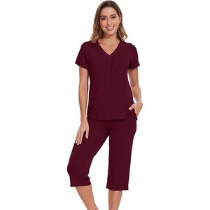 image:imageWiWi Pajamas for Women Cool Short Sleeve Top and Capri Pants Viscose from Bamboo Super Soft 2 Piece Pjs Sleepwear SXXLCbrownish Red