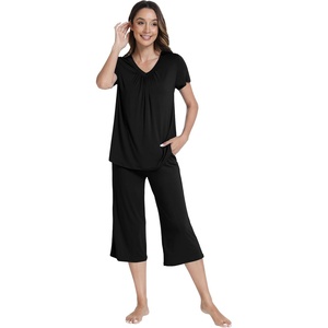 image:imageWiWi Pajamas for Women Cool Short Sleeve Top and Capri Pants Viscose from Bamboo Super Soft 2 Piece Pjs Sleepwear SXXLEblack