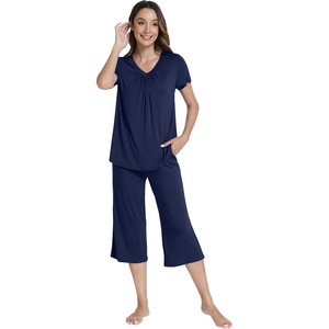 image:imageWiWi Pajamas for Women Cool Short Sleeve Top and Capri Pants Viscose from Bamboo Super Soft 2 Piece Pjs Sleepwear SXXLEnavy