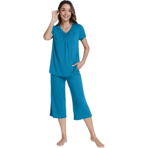 image:imageWiWi Pajamas for Women Cool Short Sleeve Top and Capri Pants Viscose from Bamboo Super Soft 2 Piece Pjs Sleepwear SXXLEteal Blue