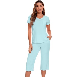 image:imageWiWi Pajamas for Women Cool Short Sleeve Top and Capri Pants Viscose from Bamboo Super Soft 2 Piece Pjs Sleepwear SXXLFaqua