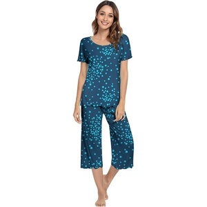 image:imageWiWi Pajamas for Women Super Soft Pajama Sets Cooling Short Sleeve Top Capri Pants Viscose from Bamboo Sleepwear Pjs S4XAblue Flowers