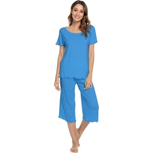 image:imageWiWi Pajamas for Women Super Soft Pajama Sets Cooling Short Sleeve Top Capri Pants Viscose from Bamboo Sleepwear Pjs S4XAbright Blue
