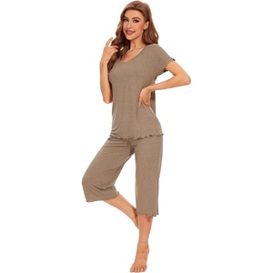 image:imageWiWi Pajamas for Women Super Soft Pajama Sets Cooling Short Sleeve Top Capri Pants Viscose from Bamboo Sleepwear Pjs S4XAcamel