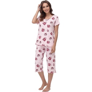 image:imageWiWi Pajamas for Women Super Soft Pajama Sets Cooling Short Sleeve Top Capri Pants Viscose from Bamboo Sleepwear Pjs S4XAcoffee Cup