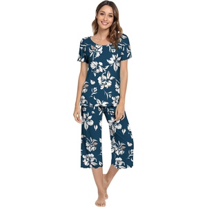 image:imageWiWi Pajamas for Women Super Soft Pajama Sets Cooling Short Sleeve Top Capri Pants Viscose from Bamboo Sleepwear Pjs S4XAink Blue Floral