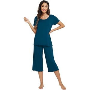 image:imageWiWi Pajamas for Women Super Soft Pajama Sets Cooling Short Sleeve Top Capri Pants Viscose from Bamboo Sleepwear Pjs S4XApeacock Blue