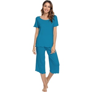 image:imageWiWi Pajamas for Women Super Soft Pajama Sets Cooling Short Sleeve Top Capri Pants Viscose from Bamboo Sleepwear Pjs S4XAteal Blue