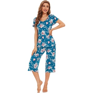 image:imageWiWi Pajamas for Women Super Soft Pajama Sets Cooling Short Sleeve Top Capri Pants Viscose from Bamboo Sleepwear Pjs S4XAteal BluePeony