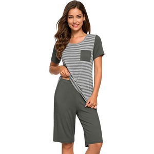 image:imageWiWi Pajamas for Women Super Soft Pajama Sets Cooling Short Sleeve Top Capri Pants Viscose from Bamboo Sleepwear Pjs S4XBstripeiron Grey