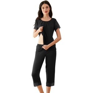 image:imageWiWi Pajamas for Women Super Soft Pajama Sets Cooling Short Sleeve Top Capri Pants Viscose from Bamboo Sleepwear Pjs S4XCblack