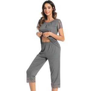 image:imageWiWi Pajamas for Women Super Soft Pajama Sets Cooling Short Sleeve Top Capri Pants Viscose from Bamboo Sleepwear Pjs S4XCdark Heather Grey