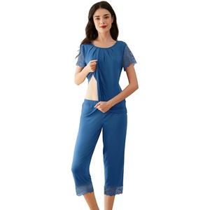 image:imageWiWi Pajamas for Women Super Soft Pajama Sets Cooling Short Sleeve Top Capri Pants Viscose from Bamboo Sleepwear Pjs S4XCprussian Blue