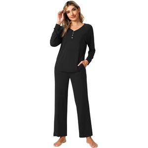 image:imageWiWi Viscose from Bamboo Pajama Set for Women 2 Pieces Long Sleeve Loungwear Soft Sleepwear Loose Comfy Pj Sets Pockets SXXLAblack