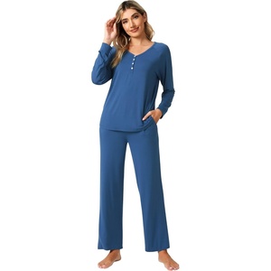 image:imageWiWi Viscose from Bamboo Pajama Set for Women 2 Pieces Long Sleeve Loungwear Soft Sleepwear Loose Comfy Pj Sets Pockets SXXLAprussian Blue