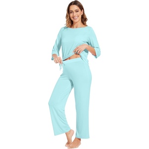 image:imageWiWi Viscose from Bamboo Pajama Set for Women 2 Pieces Long Sleeve Loungwear Soft Sleepwear Loose Comfy Pj Sets Pockets SXXLCaqua