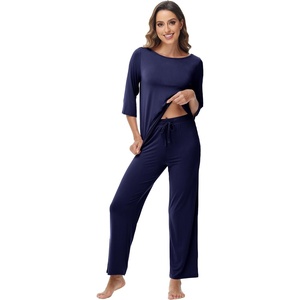 image:imageWiWi Viscose from Bamboo Pajama Set for Women 2 Pieces Long Sleeve Loungwear Soft Sleepwear Loose Comfy Pj Sets Pockets SXXLCnavy