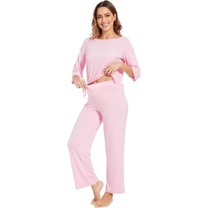 image:imageWiWi Viscose from Bamboo Pajama Set for Women 2 Pieces Long Sleeve Loungwear Soft Sleepwear Loose Comfy Pj Sets Pockets SXXLCpink