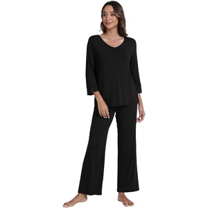 image:imageWiWi Viscose from Bamboo Pajama Set for Women 2 Pieces Long Sleeve Loungwear Soft Sleepwear Loose Comfy Pj Sets Pockets SXXLDblack