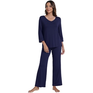 image:imageWiWi Viscose from Bamboo Pajama Set for Women 2 Pieces Long Sleeve Loungwear Soft Sleepwear Loose Comfy Pj Sets Pockets SXXLDnavy