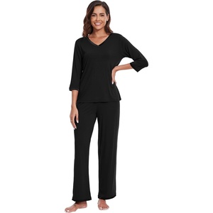 image:imageWiWi Viscose from Bamboo Pajama Set for Women 2 Pieces Long Sleeve Loungwear Soft Sleepwear Loose Comfy Pj Sets Pockets SXXLEblack