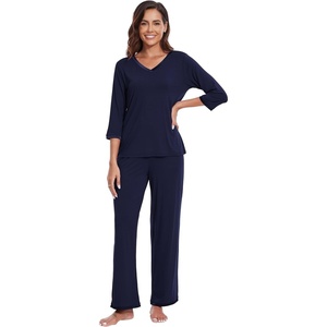 image:imageWiWi Viscose from Bamboo Pajama Set for Women 2 Pieces Long Sleeve Loungwear Soft Sleepwear Loose Comfy Pj Sets Pockets SXXLEnavy