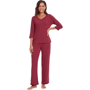image:imageWiWi Viscose from Bamboo Pajama Set for Women 2 Pieces Long Sleeve Loungwear Soft Sleepwear Loose Comfy Pj Sets Pockets SXXLEwine
