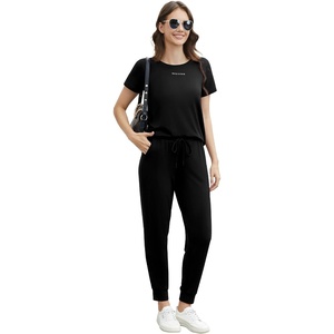 image:imageWiWi Womens 2 Piece Tracksuits Set with Pockets Scoop Neck Short Sleeve Tops Jogger Pants Lounge Sets Outfits SXXLBlack
