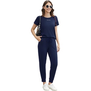 image:imageWiWi Womens 2 Piece Tracksuits Set with Pockets Scoop Neck Short Sleeve Tops Jogger Pants Lounge Sets Outfits SXXLDark Navy