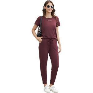 image:imageWiWi Womens 2 Piece Tracksuits Set with Pockets Scoop Neck Short Sleeve Tops Jogger Pants Lounge Sets Outfits SXXLDeep Brownish Red