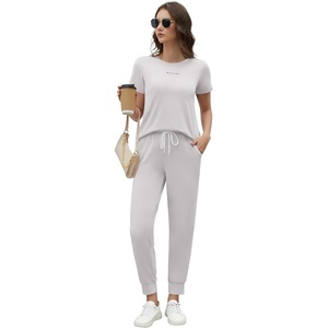 image:imageWiWi Womens 2 Piece Tracksuits Set with Pockets Scoop Neck Short Sleeve Tops Jogger Pants Lounge Sets Outfits SXXLGrayish White