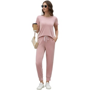 image:imageWiWi Womens 2 Piece Tracksuits Set with Pockets Scoop Neck Short Sleeve Tops Jogger Pants Lounge Sets Outfits SXXLSmoky Pink