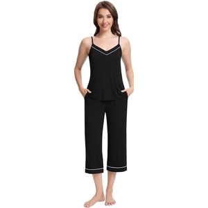 image:imageWiWi Womens Cami Pajama Sets 2 Piece Camisole Top Capri Pants Sleepwear Soft Lingerie Bamboo Viscose PJs SXXLAblack