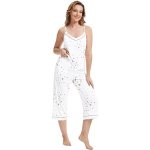 image:imageWiWi Womens Cami Pajama Sets 2 Piece Camisole Top Capri Pants Sleepwear Soft Lingerie Bamboo Viscose PJs SXXLAwhite Stars